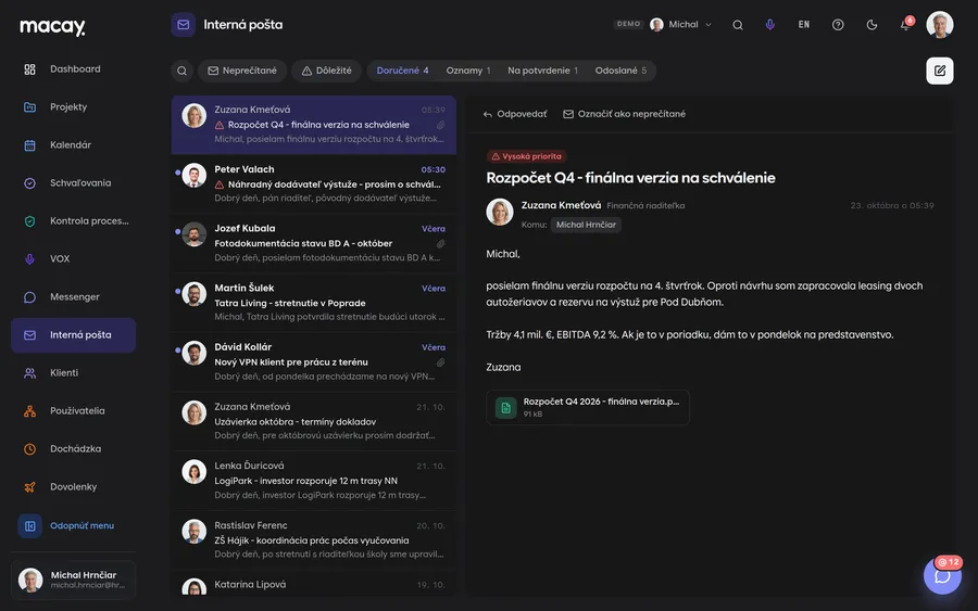 Inbox in the Internal mail module