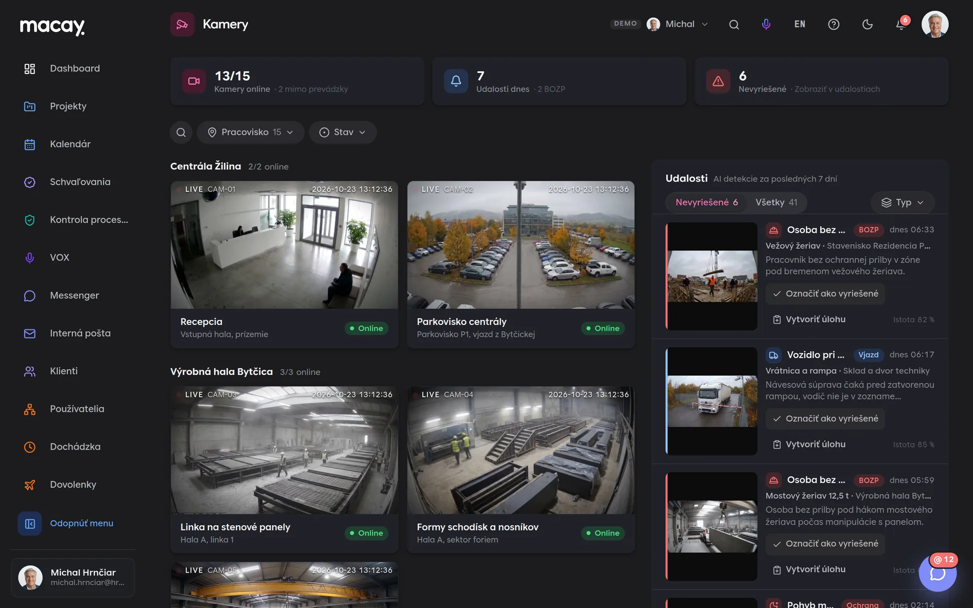 Overview of cameras by site and the event list in the Camera system module
