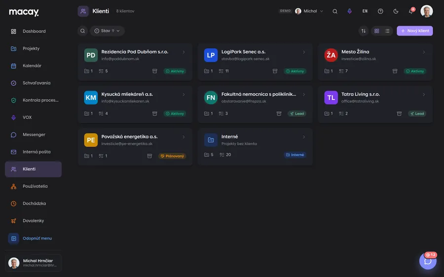 Client overview in the Clients module