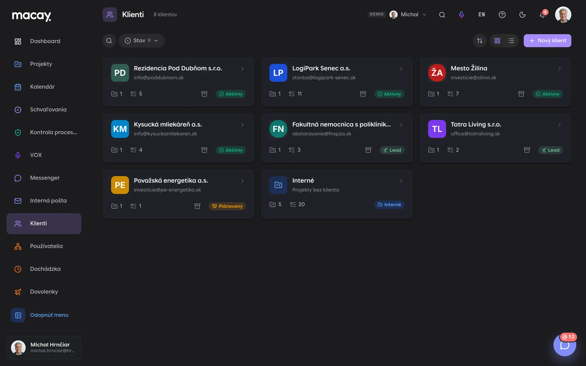 Client overview in the Clients module