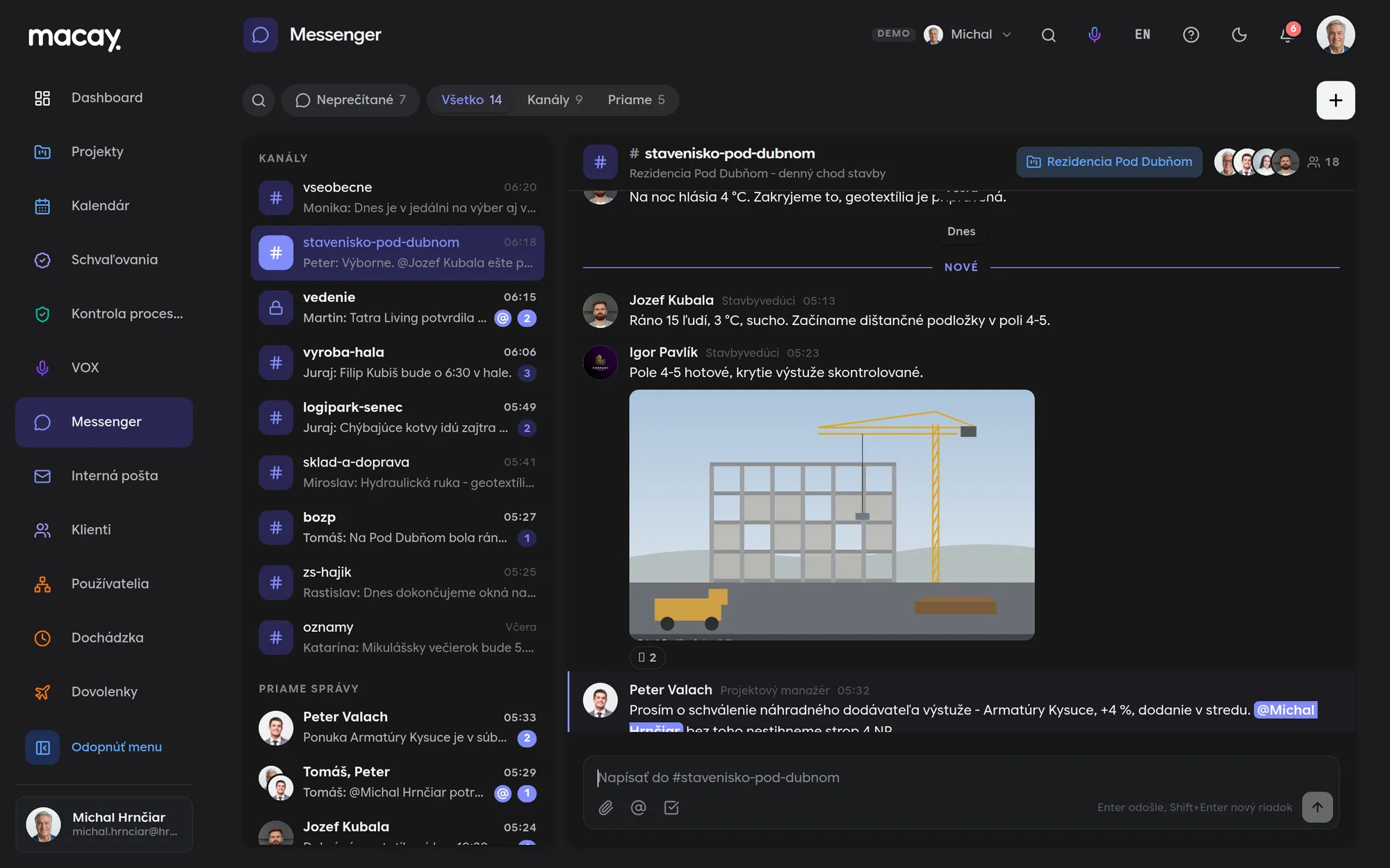 A project channel in the Messenger module with shared tasks