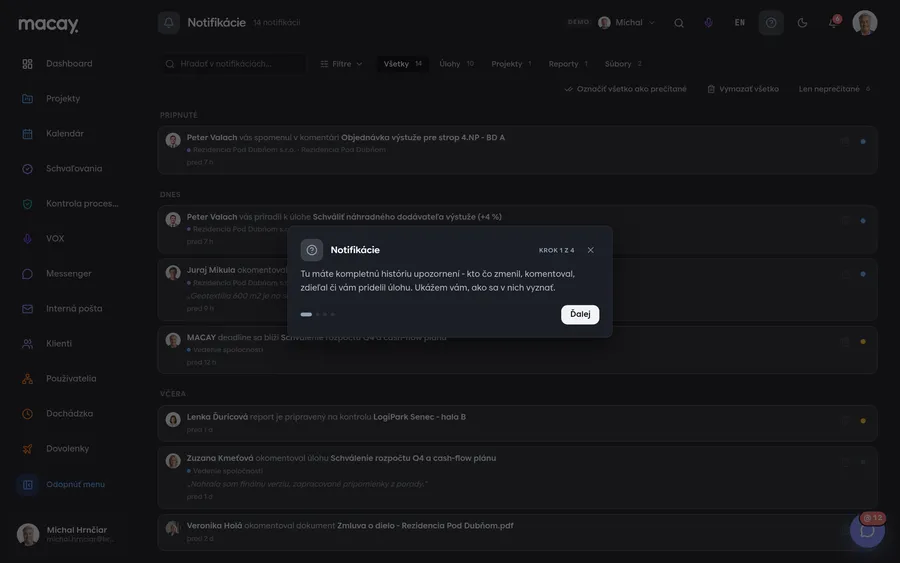 Notification history with filters and grouping by day