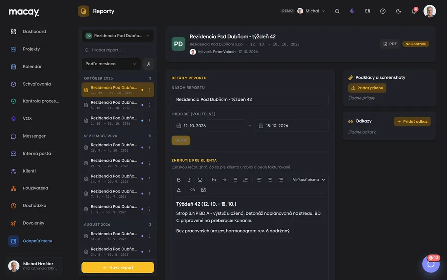 A weekly client report in progress in the Reports module