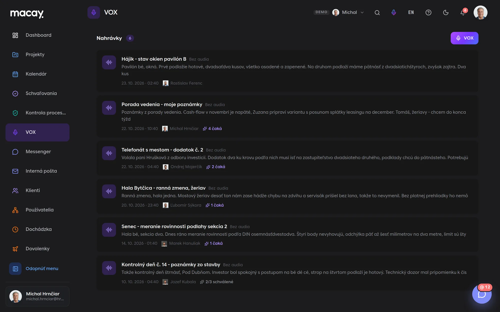 List of recordings in the VOX module